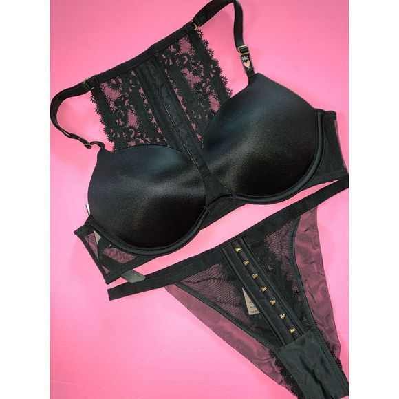 Victoria's Secret racerback 34C,34DDD BRA SET+M panty+ROBE SATIN BLACK embroider - Picture 7 of 7